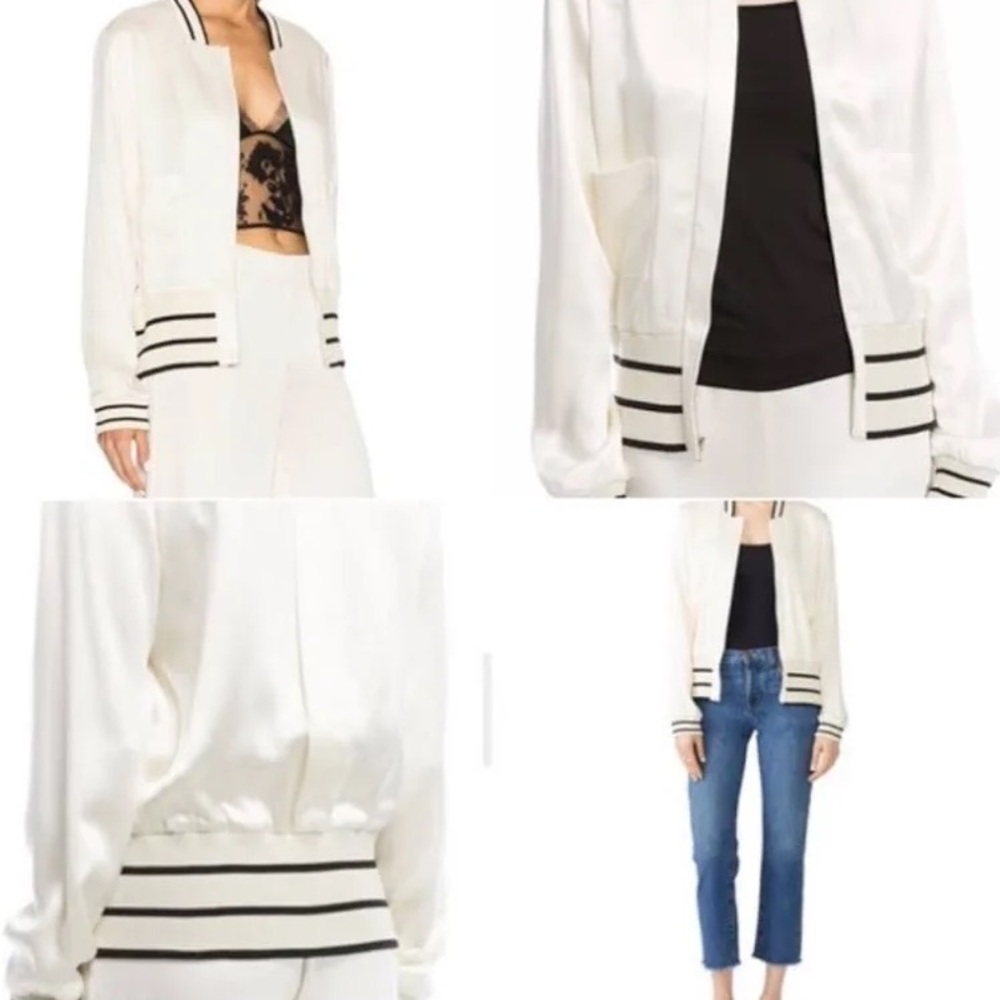 Alexis Cream Bomber Jacket With Striped Ribbed Trim